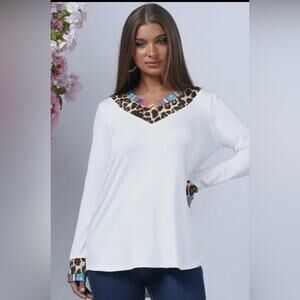 AVERY - White Leopard Trim Women's Top with a touch of Aztec
